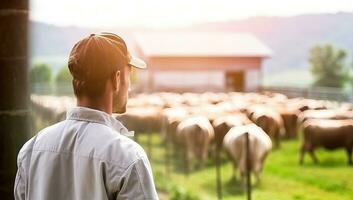 contadino in piedi nel davanti di mandria di mucche su il azienda agricola. ai generato. foto