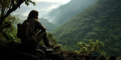 uomo seduta su il bordo di un' scogliera e guardare a il valle ai generato foto