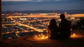giovane coppia seduta su il bordo di un' scogliera prospiciente il città a notte ai generato foto