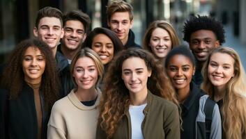 ritratto di gruppo di contento giovane persone in piedi insieme nel il città. ai generato. foto