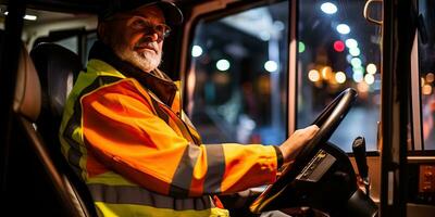 anziano uomo guida un' autobus nel il città a notte ai generato foto