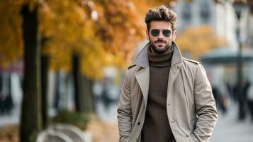 giovane bello uomo indossare cappotto e occhiali da sole a piedi nel il città a autunno giorno. ai generato. foto