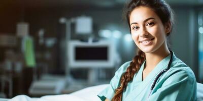 ritratto di sorridente infermiera nel uniforme in piedi nel ospedale reparto ai generato foto