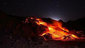 vulcanico eruzione a notte. ai generato. foto