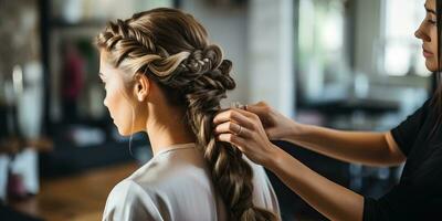 parrucchiere intrecciare capelli di donna nel bellezza salone. ai generato. foto