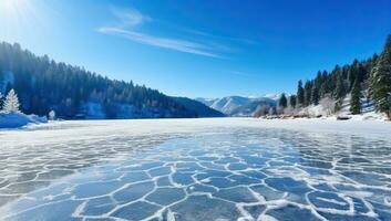 bellissimo inverno paesaggio con congelato lago e pino foresta nel il montagne. ai generato. foto