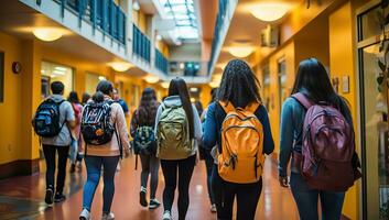 gruppo di studenti con zaini a piedi nel corridoio di scuola o Università. ai generato. foto