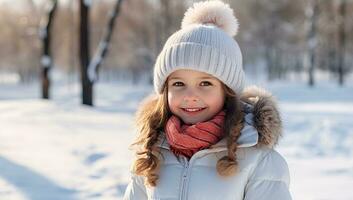 ritratto di un' poco ragazza nel un' bianca giacca e cappello su un' sfondo di inverno parco ai generato foto