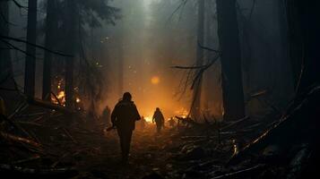 silhouette di un' uomo nel un' buio foresta durante un' fuoco. ai generato. foto