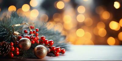 Natale sfondo con abete rami, rosso frutti di bosco e bokeh luci ai generato foto