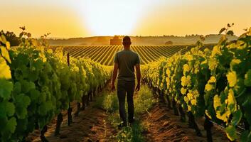 posteriore Visualizza di uomo in piedi nel vigneto e guardare a tramonto. ai generato. foto