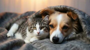 carino gatto e cane dire bugie insieme su letto a casa. animale domestico cura concetto. ai generato. foto