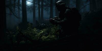 Visualizza di un' soldato nel il buio foresta a notte ai generato foto