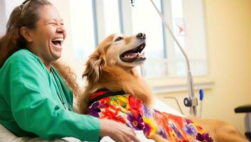 un' contento ragazza con sua cane nel un' veterinario clinica. ai generato. foto