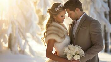 sposa e sposo su il sfondo di il inverno foresta nel il raggi di il ambientazione sole. ai generato. foto