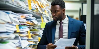 grave africano americano uomo d'affari guardare a documenti nel ufficio. ai generato. foto