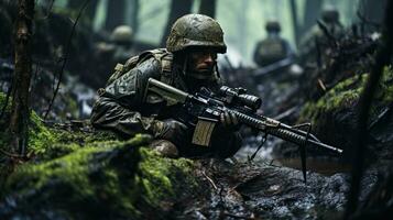 speciale forze soldato con assalto fucile nel il giungla. ai generato. foto