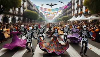 un' vivace strada prestazione con ballerini nel scheletrico costumi, l'esecuzione per il ritmo di mariachi musica, circondato di spettatori. ai generativo. foto