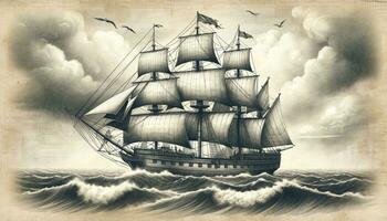 un' Vintage ▾ nautico scena raffigurante un vecchio nave andare in barca su instabile acque sotto un' nuvoloso cielo, cattura il essenza di marittimo schizzi a partire dal passato epoche. ai generato foto