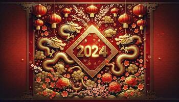 Cinese nuovo anno 2024 sfondo è dominato di un' ricco rosso colore con oro modelli, centrato in giro il numero '2024' e ciliegia fiori. ai generativo. foto