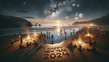 un' spiaggia celebrazione sotto un' stellato cielo con persone in giro falò, il parole contento nuovo anno 2024 scritto su il bagnato sabbia, e lontano fuochi d'artificio. ai generato foto