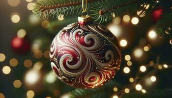 un' avvicinamento di un' scintillante Natale fronzolo dipinto nel in profondità rosso e oro turbine modelli, sospeso con grazia a partire dal un' pino albero ramo. ai generato foto
