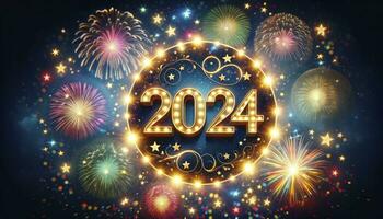 un' vivace nuovo anno celebrazione con il numero 2024 nel raggiante luci e colorato fuochi d'artificio nel il cielo. ai generato foto