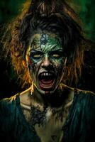 pauroso zombie con sanguinoso viso all'aperto, avvicinamento. Halloween mostro, ai generativo foto