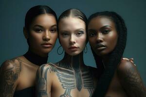 tre diverso etnia donne su buio sfondo. generativo ai foto