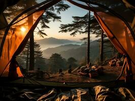 Visualizza attraverso un' tenda nel il foresta ai generativo foto