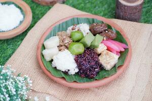 Jenang Madura è un' tipico indonesiano cibo quello consiste di nero appiccicoso Riso, porridge midollo, Jenang grendul e rosso perle quello erano dato palma zucchero e Noce di cocco latte foto