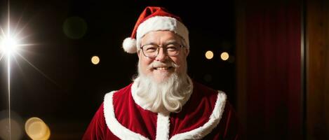 Santa sorridente nel Natale con i regali e natale albero, ai generato foto