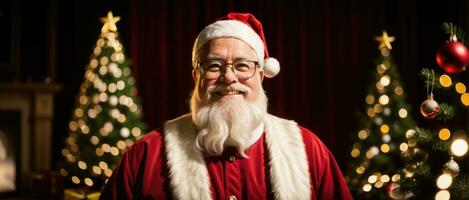 Santa sorridente nel Natale con i regali e natale albero, ai generato foto