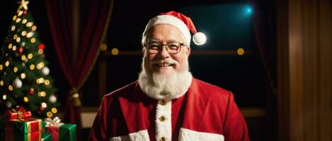 Santa sorridente nel Natale con i regali e natale albero, ai generato foto