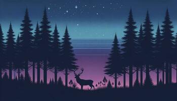 un illustrazione di un' foresta paesaggio a crepuscolo, in mostra alto pino albero sagome e un' cervo nel il primo piano contro un' pendenza cielo. ai generato foto