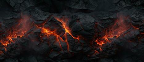caldo raggiante vulcano lava, nero arancia calore sfondo, ai generato foto