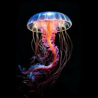 raggiante Medusa nuotare in profondità nel blu mare, neon Medusa fantasia su nero sfondo, ai generativo foto