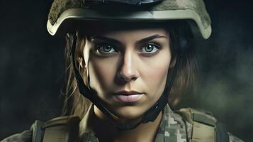 un' forte guardare donna indossare militare uniforme Compreso camuffare fatiche e un' casco. lei è pronto per guerra per proteggere e servire sua nazione. generativo ai foto