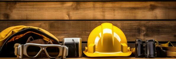 un' casco di costruzione lavoratore utensili su Marrone di legno sfondo con copia spazio, spazio per testo design. costruzione striscione. generativo ai foto