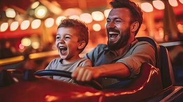 allegro padre e figlio e avere divertimento mentre guida un' paraurti auto nel un divertimento parco. generativo ai foto