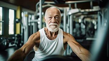 anziano uomo esercizio nel palestra. Avanzate movimento e ricreazione. generativo ai foto