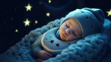 un' bambino è addormentato accogliente dormire sotto il stelle e il Luna a notte. generativo ai foto