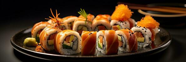 croccante maki o un' Sushi piatto nel ristorante. giapponese cibo. generativo ai foto