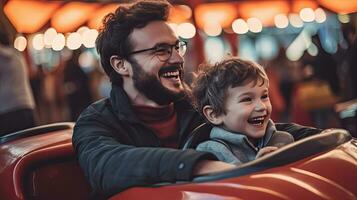 allegro padre e figlio e avere divertimento mentre guida un' paraurti auto nel un divertimento parco. generativo ai foto