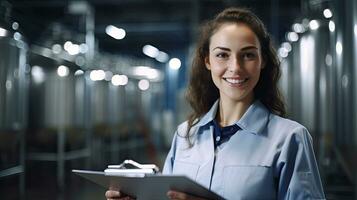 un' positivo sorridente femmina tecnologo Tenere lista di controllo dentro il cibo in lavorazione fabbrica. industriale cibo. generativo ai foto