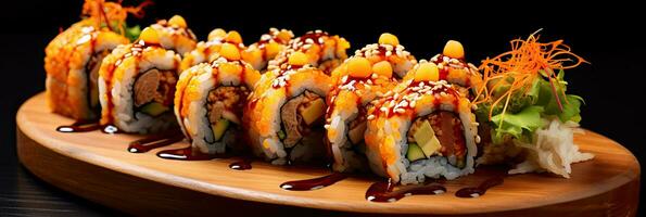 croccante maki o un' Sushi piatto nel ristorante. giapponese cibo. generativo ai foto