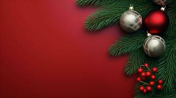 rosso sfondo, decorato con Natale sfera, copia spazio superiore Visualizza, lussuoso decorazione sfondo ai generato foto