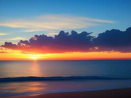 calma mare con tramonto cielo e sole attraverso il nuvole Sopra. meditazione oceano e cielo sfondo. foto