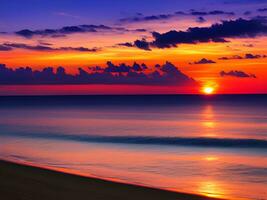 calma mare con tramonto cielo e sole attraverso il nuvole Sopra. meditazione oceano e cielo sfondo. foto