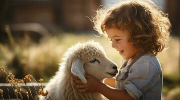 bambino su un' azienda agricola, il gioia di alimentazione animali e comprensione il cerchio di vita. generativo ai foto